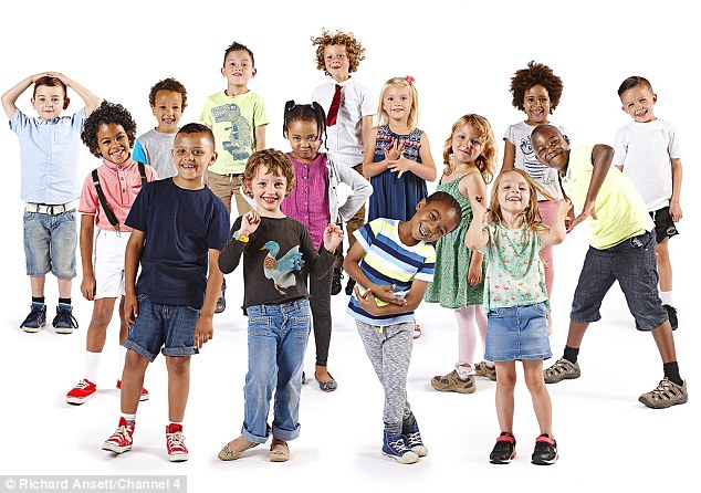 The group of six-year-olds bought together for the social experiment: Front Row L-R Kash, Beatrice, Taye and Caitlyn. Middle Row L-R Emmanuel, Leila, Elouisa and Elvin. Back row L-R Charlie O, Xois, Casper, Austyn, Poppy, Marley and Charlie M